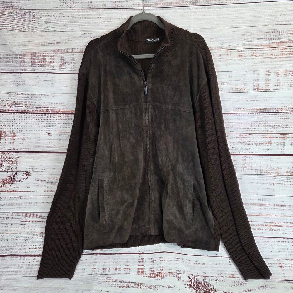 Brandini Mens Brown Suede Leather Marino Wool Jacket XL Rib Knit Pockets Zip Up